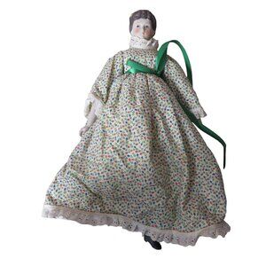 Victorian Porcelain 15" Doll floral green tint dress Slip Pantaloon